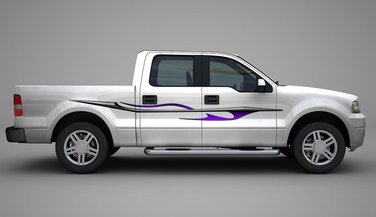 purple dragon flame vinyl graphics on the side of white pickup truck